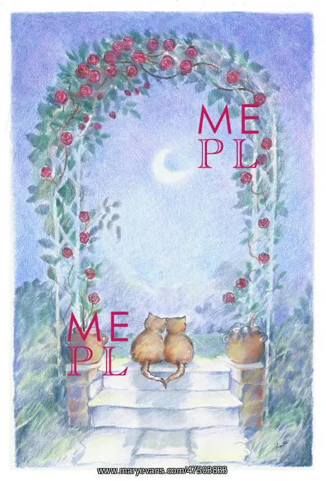 : Two cats under a trellis arch of roses : Two cats under a trellis arch of roses
