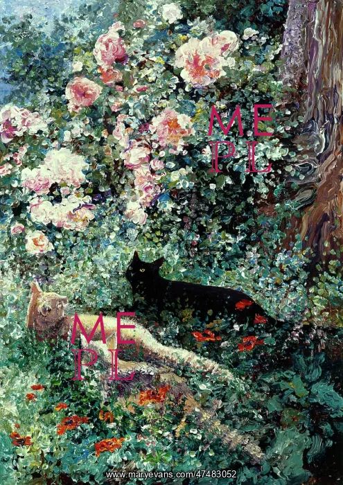  : Three cats underneath pink roses