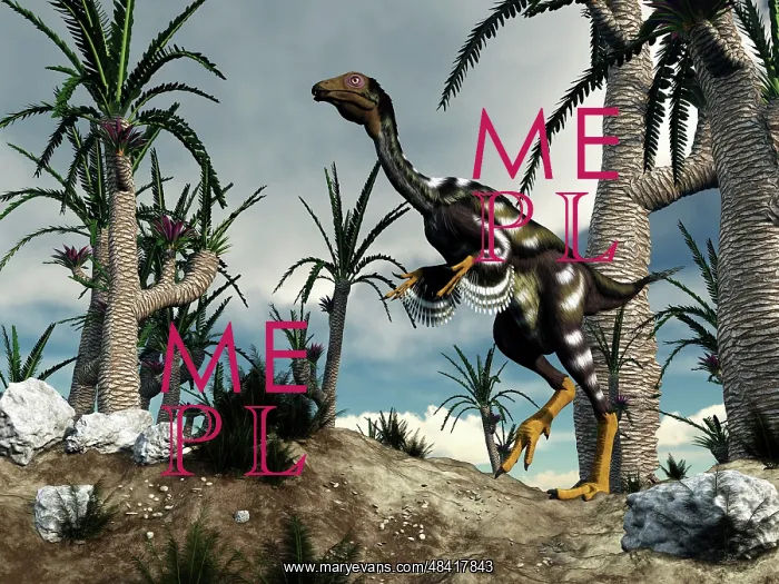 : A Caudipteryx dinosaur walking among trees : A Caudipteryx dinosaur walking among trees