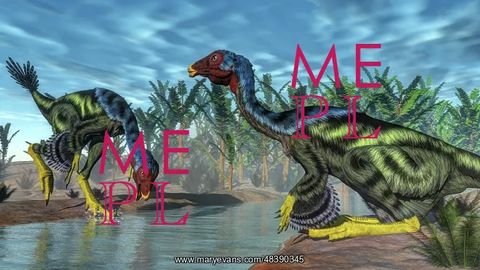 : Two Caudipteryx dinosaurs drinking from a river : Two Caudipteryx dinosaurs drinking from a river