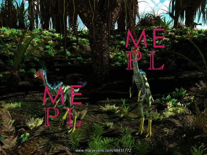 : Caudipteryx wander a prehistoric landscape : Caudipteryx wander a prehistoric landscape