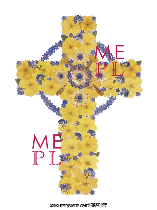 : Celtic Cross with primroses and forget-me-nots : Celtic Cross with primroses and forget-me-nots