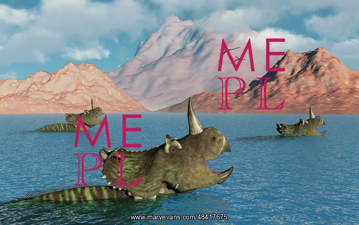 : Centrosaurus dinosaurs migrating across a river : Centrosaurus dinosaurs migrating across a river