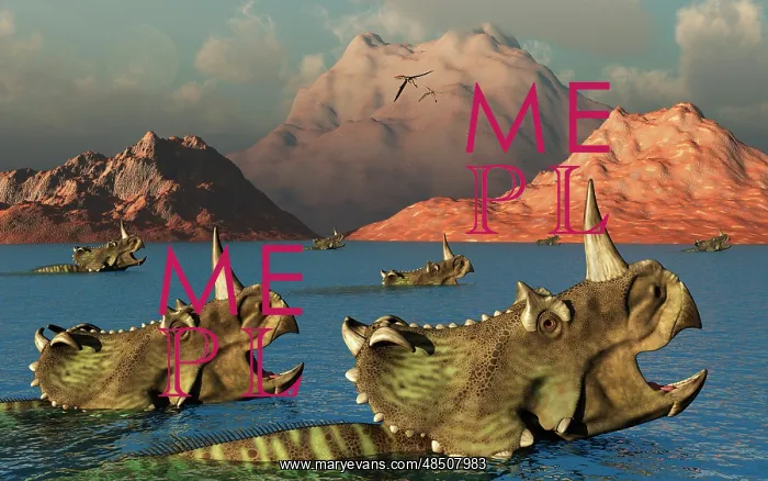 : Centrosaurus dinosaurs migrating across a river : Centrosaurus dinosaurs migrating across a river