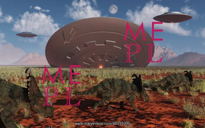 : Centrosaurus dinosaurs walk past a UFO stuck in the ground : Centrosaurus dinosaurs walk past a UFO stuck in the ground