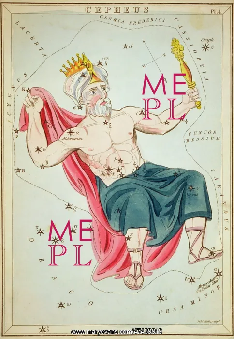 : Cepheus. Astronomical chart showing a man in seated posture forming the constellation : Cepheus. Astronomical chart showing a man in seated posture forming the constellation