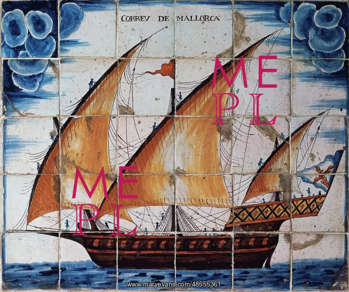 : Ceramic panel depicting the Mail of Mallorca, xebec type shi : Ceramic panel depicting the Mail of Mallorca, xebec type shi