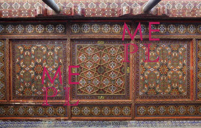 : Khiva. Detail of ceramics on the ceiling, Kurinish Khana or Throne Room : Khiva. Detail of ceramics on the ceiling, Kurinish Khana or Throne Room