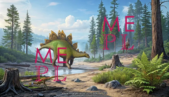 : A Ceratosaurus stalks a Stegosaurus by a stream : A Ceratosaurus stalks a Stegosaurus by a stream