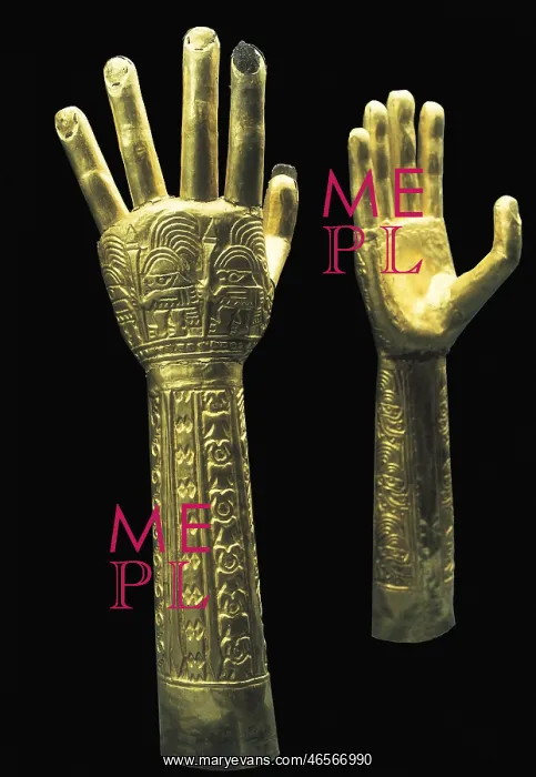 : Ceremonial gold hands with embossed decoration : Ceremonial gold hands with embossed decoration