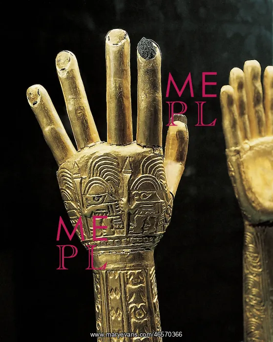 : Ceremonial gold hands with embossed decoration : Ceremonial gold hands with embossed decoration