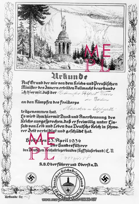 : Certificate for Freikorps members, 1936 : Certificate for Freikorps members, 1936