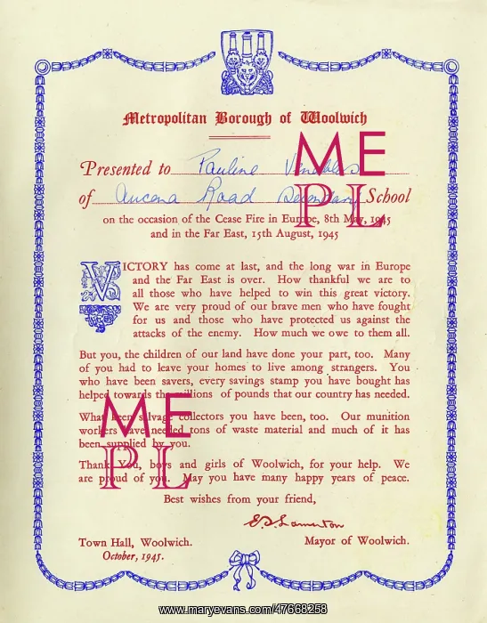 : Certificate to schoolchildren from Mayor of Woolwich, WW2 : Certificate to schoolchildren from Mayor of Woolwich, WW2
