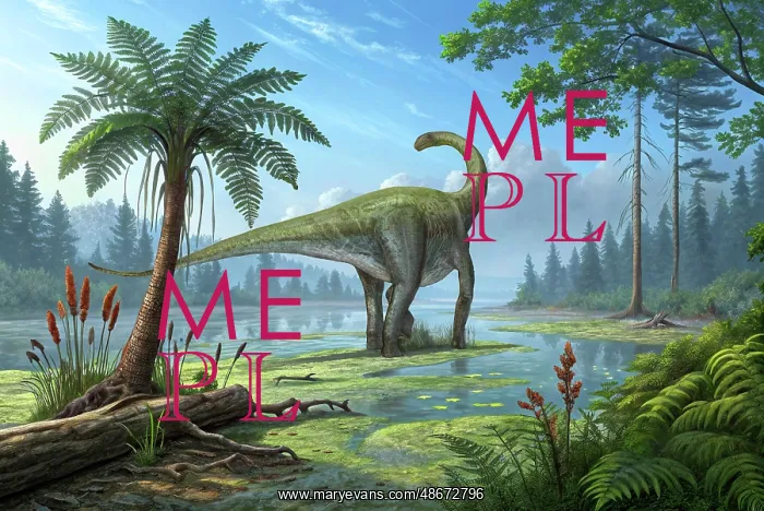 : Cetiosaurus oxoniensis dinosaur in a Jurassic landscape : Cetiosaurus oxoniensis dinosaur in a Jurassic landscape