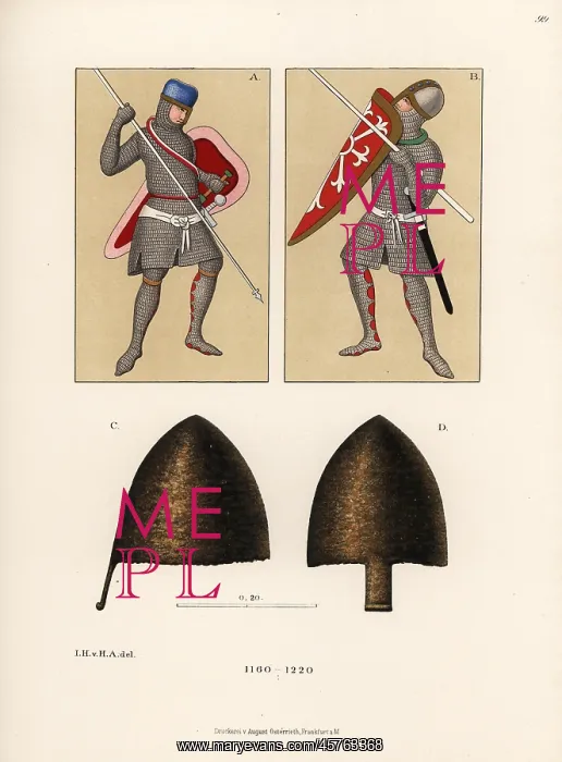 : Chainmail suits of armour and helms, 12th century : Chainmail suits of armour and helms, 12th century