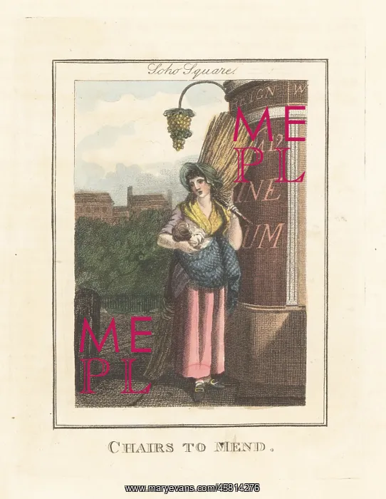 : Chair-mender bundle of rushes in Soho Square, London, 1805 : Chair-mender bundle of rushes in Soho Square, London, 1805