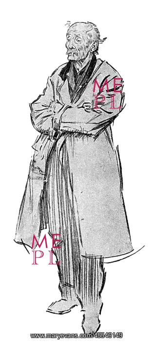 : Character study by Phil May of an old man in a raincoat : Character study by Phil May of an old man in a raincoat