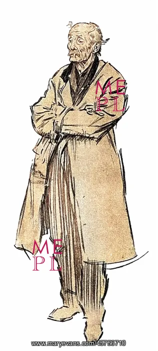 : Character study by Phil May of an old man in a raincoat : Character study by Phil May of an old man in a raincoat