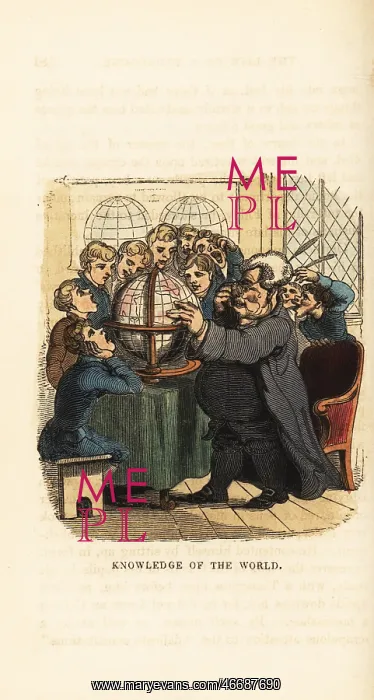 : A charlatan tutor with his pupils looking at a globe : A charlatan tutor with his pupils looking at a globe