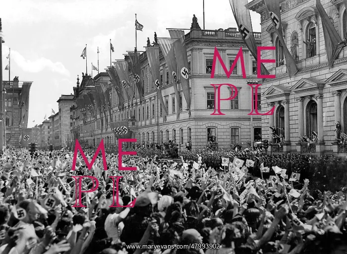 : Cheering crowds on Wilhelmstasse, Berlin, WW2 : Cheering crowds on Wilhelmstasse, Berlin, WW2