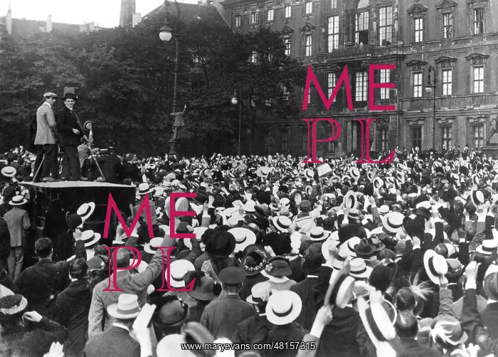 : Cheering masses at the outbreak of war before the Berlin Cas : Cheering masses at the outbreak of war before the Berlin Cas
