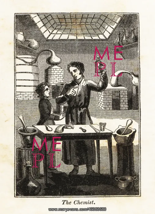 : Chemist holding up a flask at a table in a laboratory : Chemist holding up a flask at a table in a laboratory