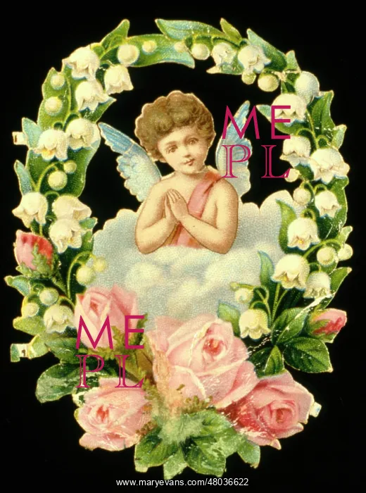 : Cherub on a cloud with floral border : Cherub on a cloud with floral border
