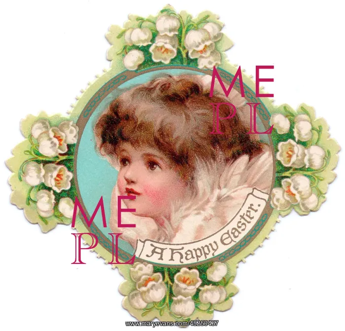 : Cherub with white flowers on a cross-shaped Easter card : Cherub with white flowers on a cross-shaped Easter card