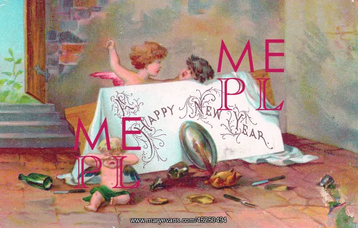 : Three cherubs fighting on a New Year card : Three cherubs fighting on a New Year card