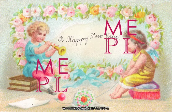  : Two cherubs with flowers on a New Year card