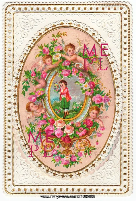 : Cherubs and roses on a greetings card : Cherubs and roses on a greetings card