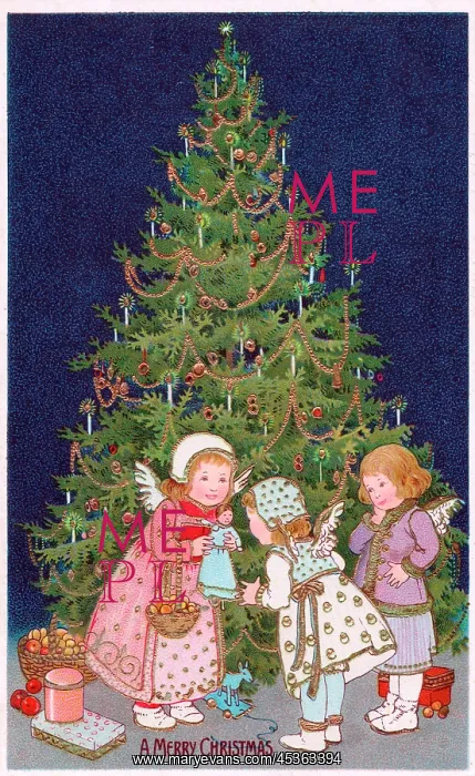 : Cherubs with tree and presents on a Christmas postcard : Cherubs with tree and presents on a Christmas postcard