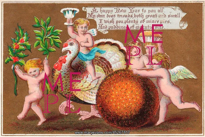 : Cherubs with turkey and pudding on a New Year card : Cherubs with turkey and pudding on a New Year card