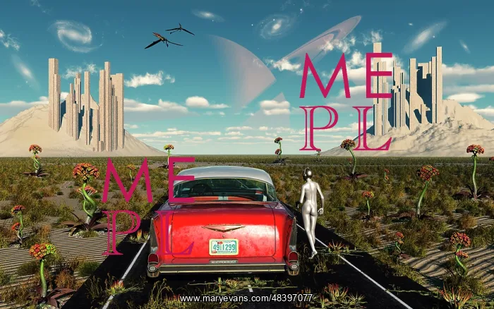 : A Chevrolet car on a highway to nowhere on an alien world : A Chevrolet car on a highway to nowhere on an alien world