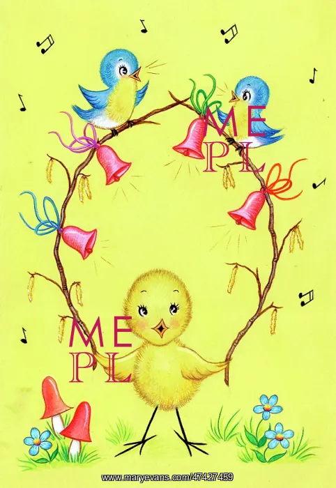  : Chick with two blue birds and bells