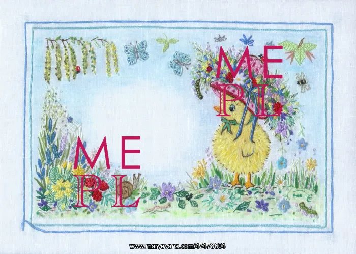 : Chick in Easter Bonnet - with butterflies, spring flowers, c : Chick in Easter Bonnet - with butterflies, spring flowers, c