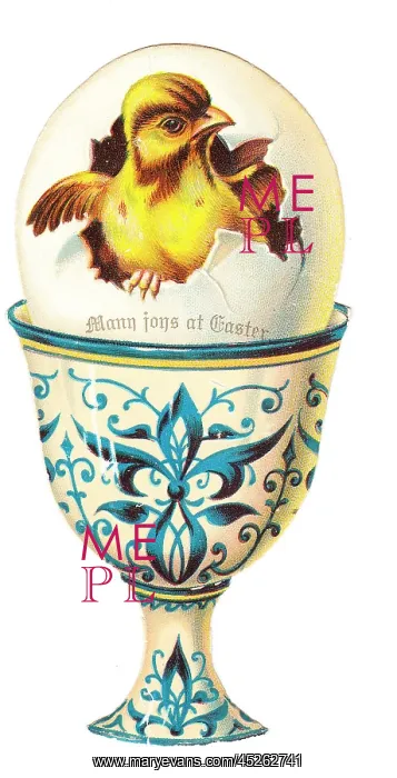 : Chick in an eggcup on a cutout Easter card : Chick in an eggcup on a cutout Easter card