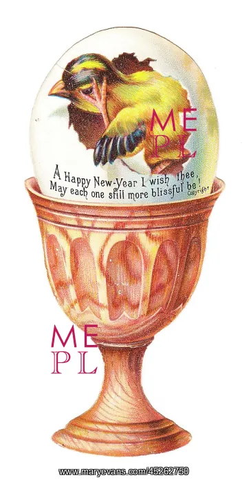 : Chick in an eggcup on a cutout New Year card : Chick in an eggcup on a cutout New Year card