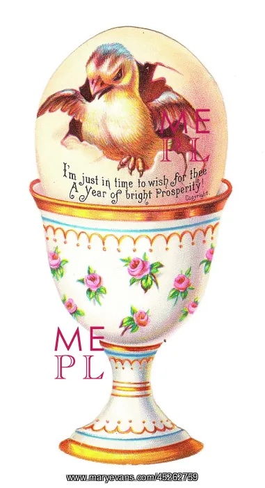 : Chick in an eggcup on a cutout New Year card : Chick in an eggcup on a cutout New Year card