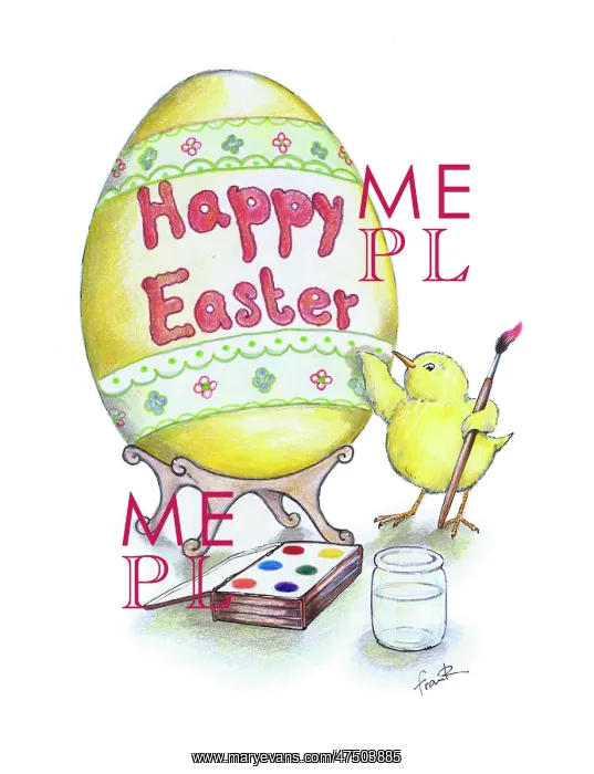 : Chick painting an egg with'Happy Easter : Chick painting an egg with'Happy Easter