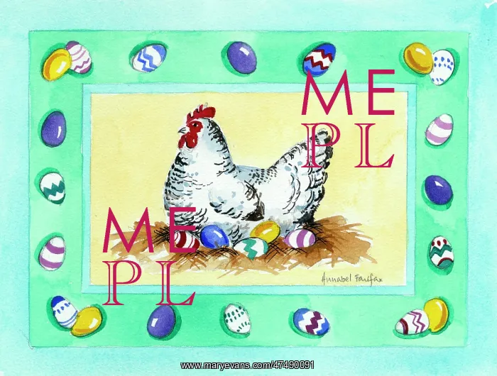 : Chicken on a nest with decorated eggs : Chicken on a nest with decorated eggs