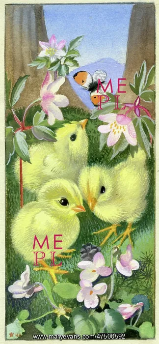 : Three chicks with anemones and butterfly : Three chicks with anemones and butterfly