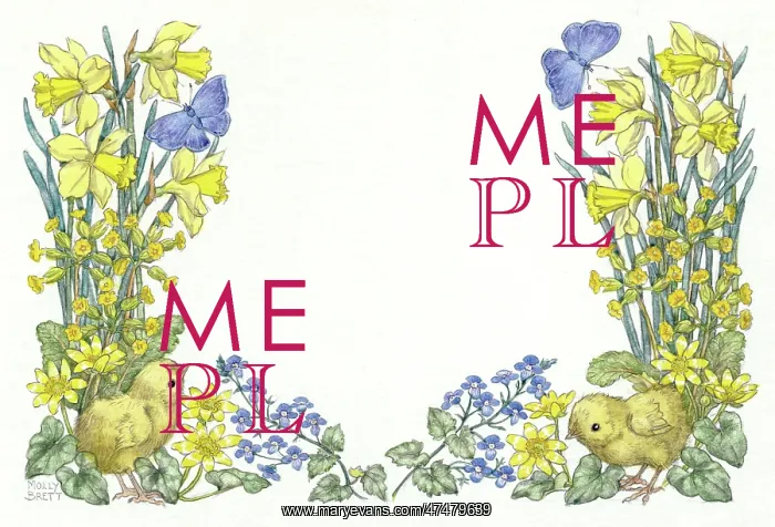 : Two chicks with flowers and two blue butterflies : Two chicks with flowers and two blue butterflies
