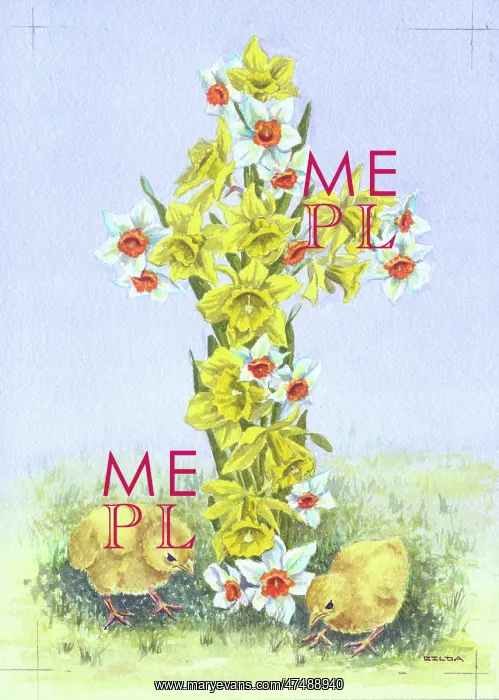  : Two chicks at the foot of a cross of daffodils