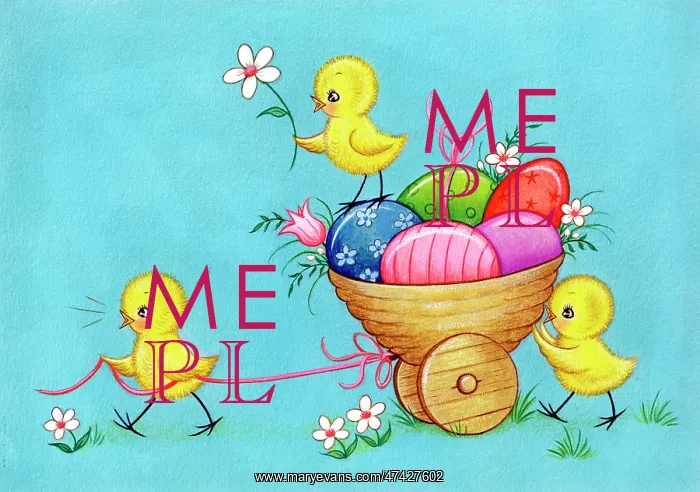  : Three chicks with a little cart full of Easter eggs