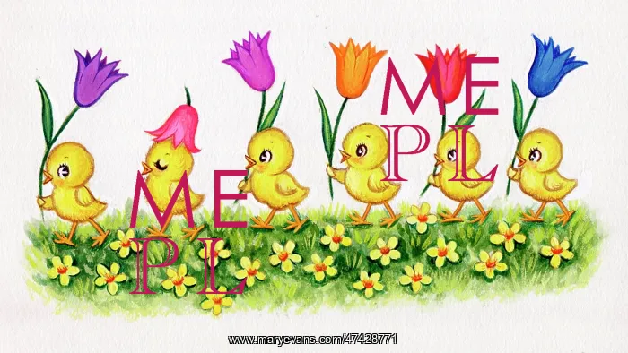  : Six chicks marching with tulips