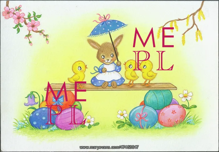  : Three chicks and rabbit with Easter eggs