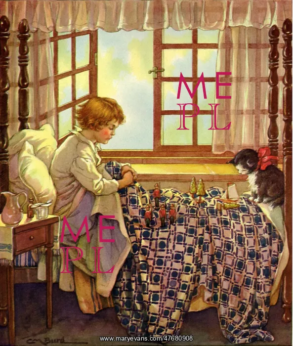  : Child in Bed with Kitten at Feet