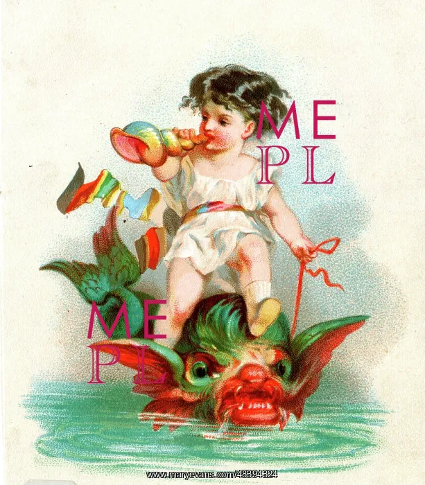  : Child blowing a shell, riding on the head of a sea monster