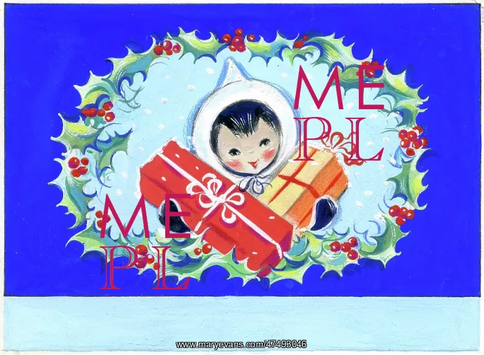 : Child with Christmas parcels in holly frame : Child with Christmas parcels in holly frame